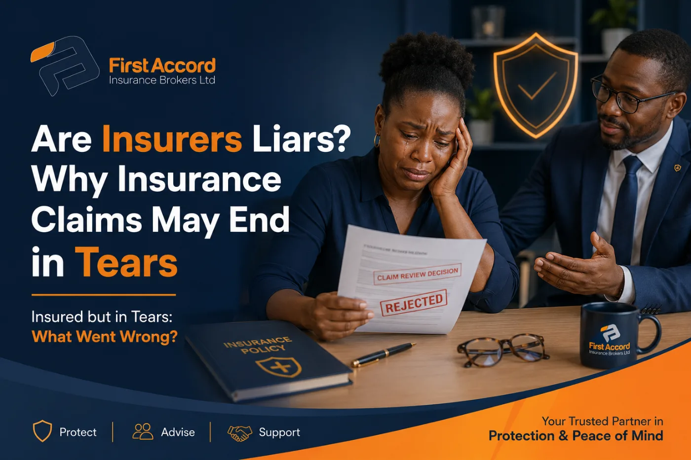 Distressed African woman reading a rejected insurance claim letter while a First Accord insurance broker offers professional guidance and support.